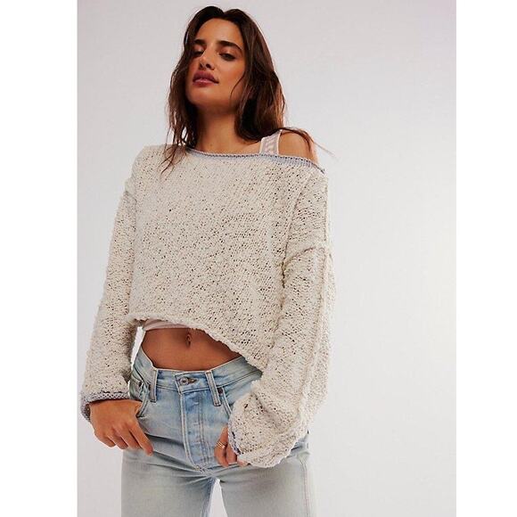Free People Rosie Sweater Cream & Gray Cropped Oversized Women's Size XS Boho - Picture 1 of 9